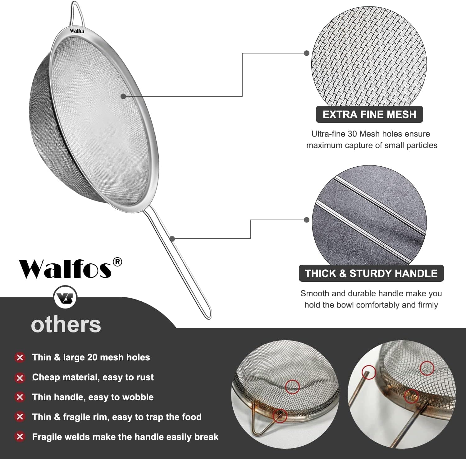 Walfos 9.5 Inch Large Fine Mesh Strainer view 3