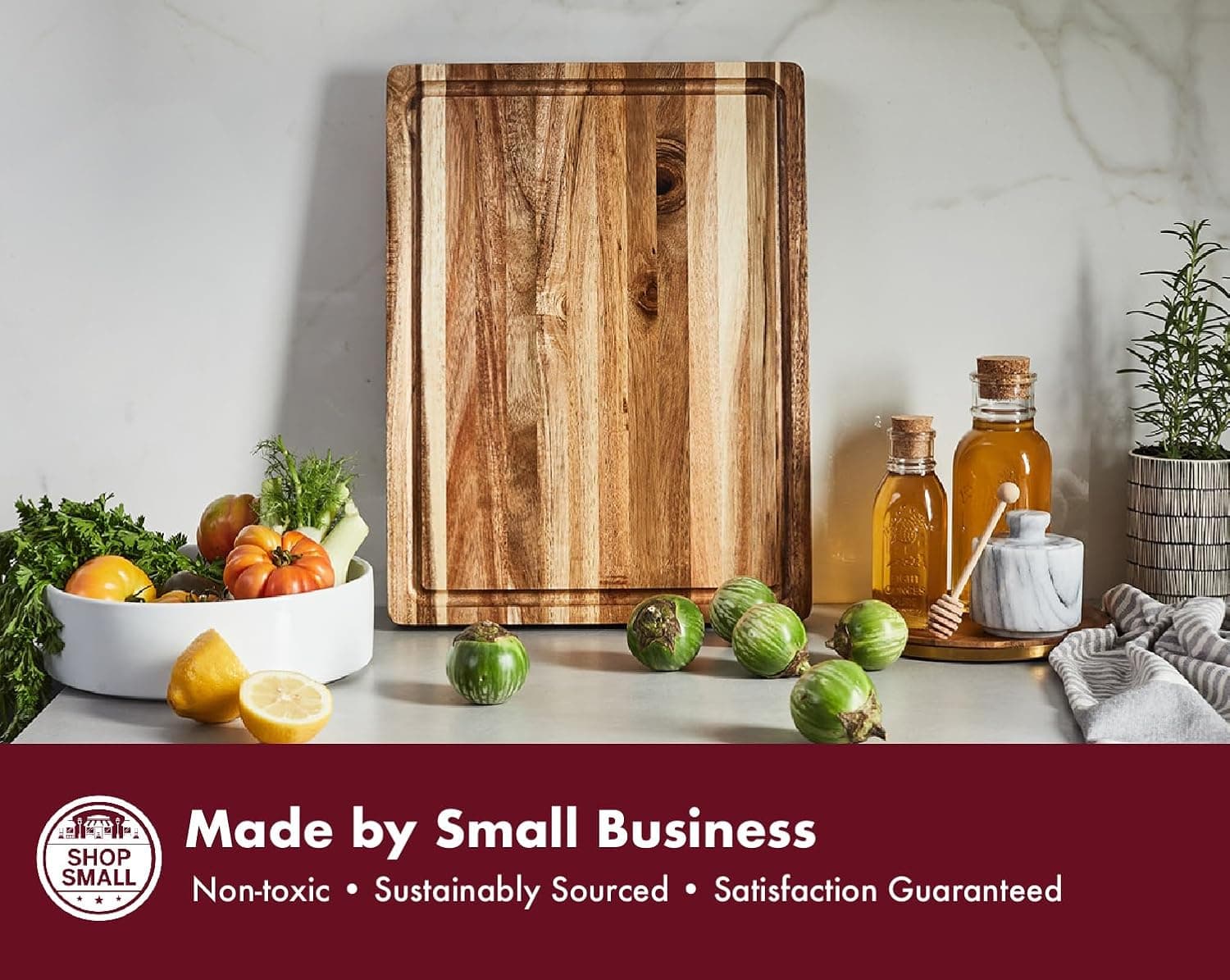 Sonder LA, Thick Sustainable Acacia Wood Cutting Board for Kitchen with Juice Groove, Sorting Compartment view 9